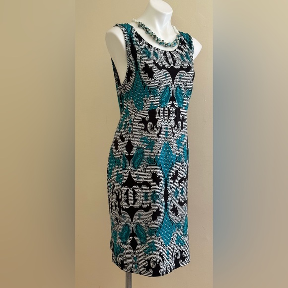 JM Collections Blue Black White Paisley Design Sleeveless Dress SZ L Midi - Picture 2 of 10